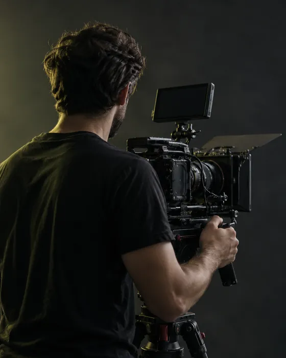 AI visual placeholder: an anonymous filmmaker seen from behind, to be replaced with Kripal's portrait